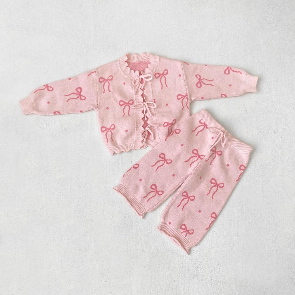 Girls' Autumn-Winter Bow Knit Cardigan & Pants Set