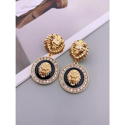 Benzersiz Tasarım Aslan Başlı Küpe, Işıltılı Yapay Elmas Küpe, Retro Tarzı Dairesel Küpe kadınlar için küpe