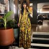 European and American Style Ins Retro Temperament Women's Clothing Pleated Pendulum A-shaped Skirt High Neck Long Sleeve Printed Waist Dress