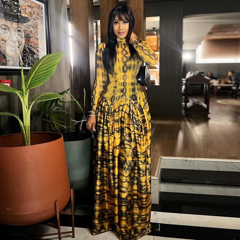 European and American Style Ins Retro Temperament Women's Clothing Pleated Pendulum A-shaped Skirt High Neck Long Sleeve Printed Waist Dress
