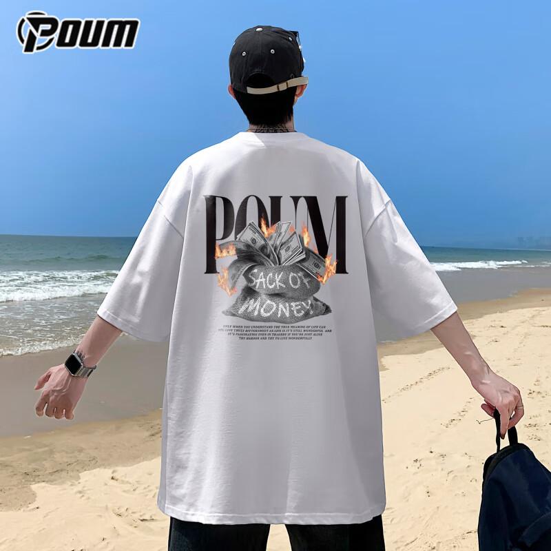 POUM American-Style Short-Sleeve T-Shirt for Men And Women, Summer Fashion Loose Casual Thin Pure Cotton Undershirt PH03 White S
