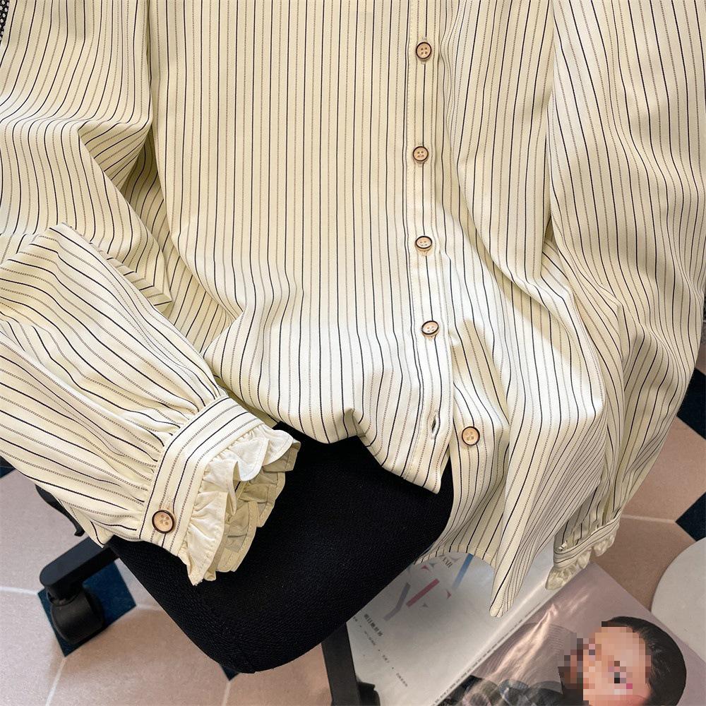 Spring Autumn French Striped Long Sleeve Shirt with Floral Pattern for Women