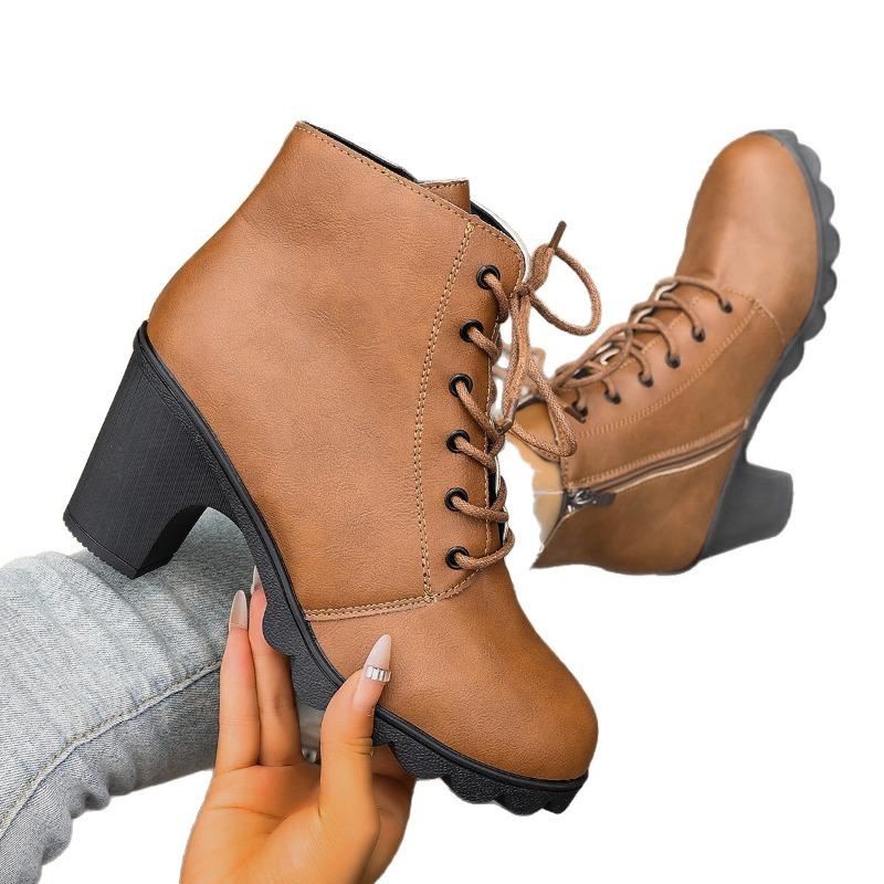 Women's Wide Width Chunky Heel Boots, Lace Up Ankle Booties Martin Style, European Thick Sole Winter Shoes for Women