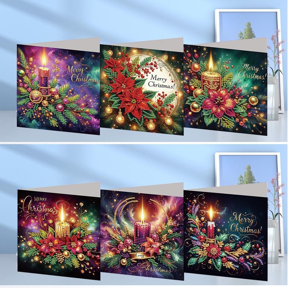 6PCS DIY Diamond Painting Christmas Snowman Cottage Mosaic Postcard Xmas Theme Rhinestone Painting Flower Pattern Greeting Cards