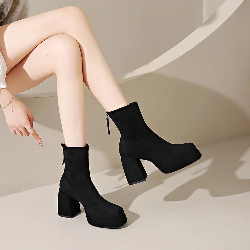 Women's Fashion High-heeled Boots Winter New British Style Soft Sole Anti-slippery Versatile Keep Warm Leather Shoes