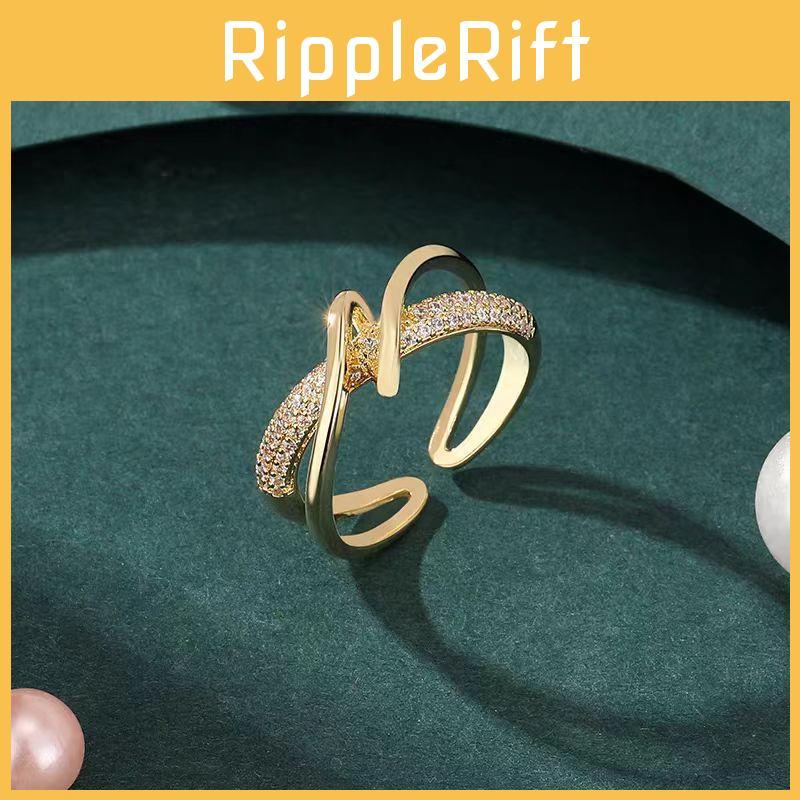 Elegant Geometric Copper Ring For Women With Adjustable Open Design Sparkling Zirconia