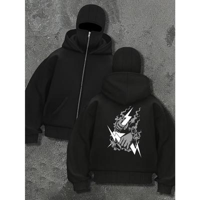 Herenmode Patroon Bedrukte Dubbellaagse Hoodie - Zwart Rits Casual Streetwear met Balaclava Design Uniek