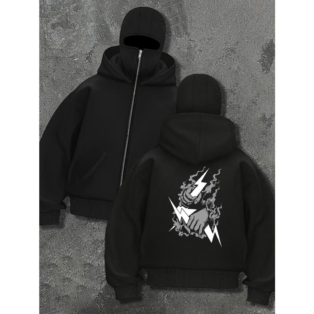 Men's Fashion Pattern Printed Double Layer Hoodie - Black Zipper Casual Street Wear with Balaclava Design Unique