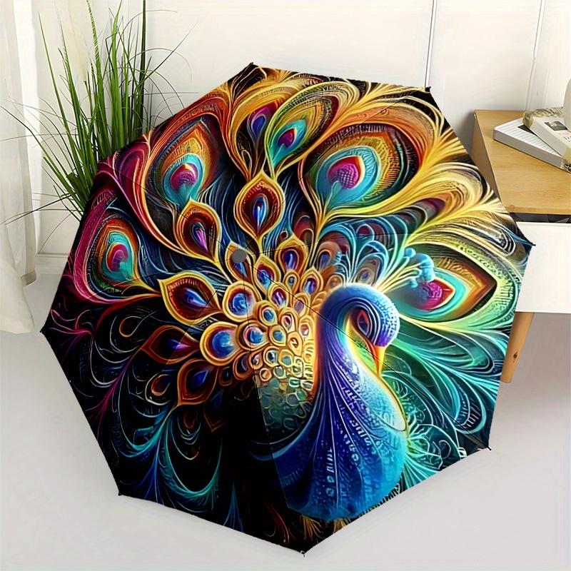 1pc Peacock Feather Mandala Automatic Folding Umbrella - Lightweight, Retractable Design with 8-Rib Durability, Perfect for Outdoor184