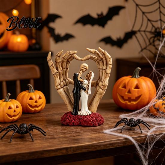 Skull And Rose Base Sculpture Skeleton Couple Hand Ornament, with Base, Durable Dark Romantic Halloween Decoration Resin Gothic Wedding Decor,