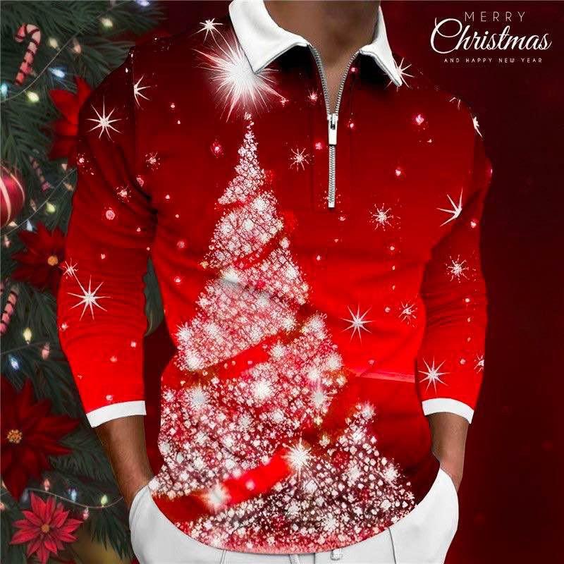 Christmas-themed long sleeve zip polo, stylish holiday casual top
