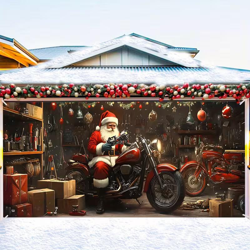 2D Santa Claus in Motorcycle Garage Door Cover Holiday Decoration