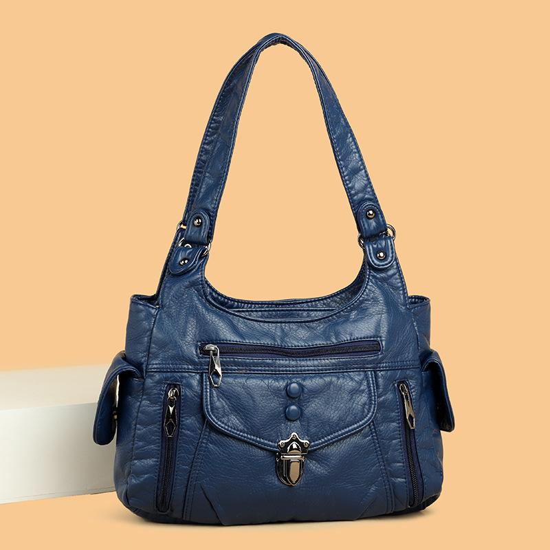 

Washed leather women s bag handbag retro fashion rivet soft leather tote bag multi-pocket large-capacity messenger bag синій