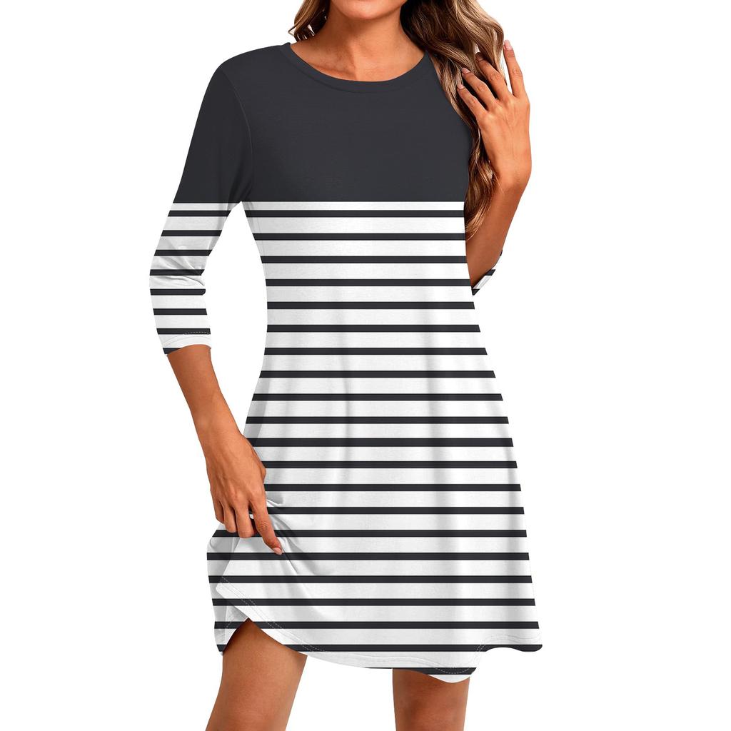 Women's Fashion Casual Print Round Neck Three-quarter Sleeve Short Dress