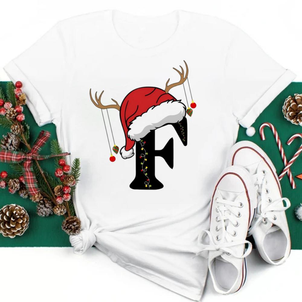 Christmas Hat A To Z Letters Tshirt Christmas Family Activity Sleeved Streetwear Harajuku Short Sleeve Casual Aesthetic Clothes