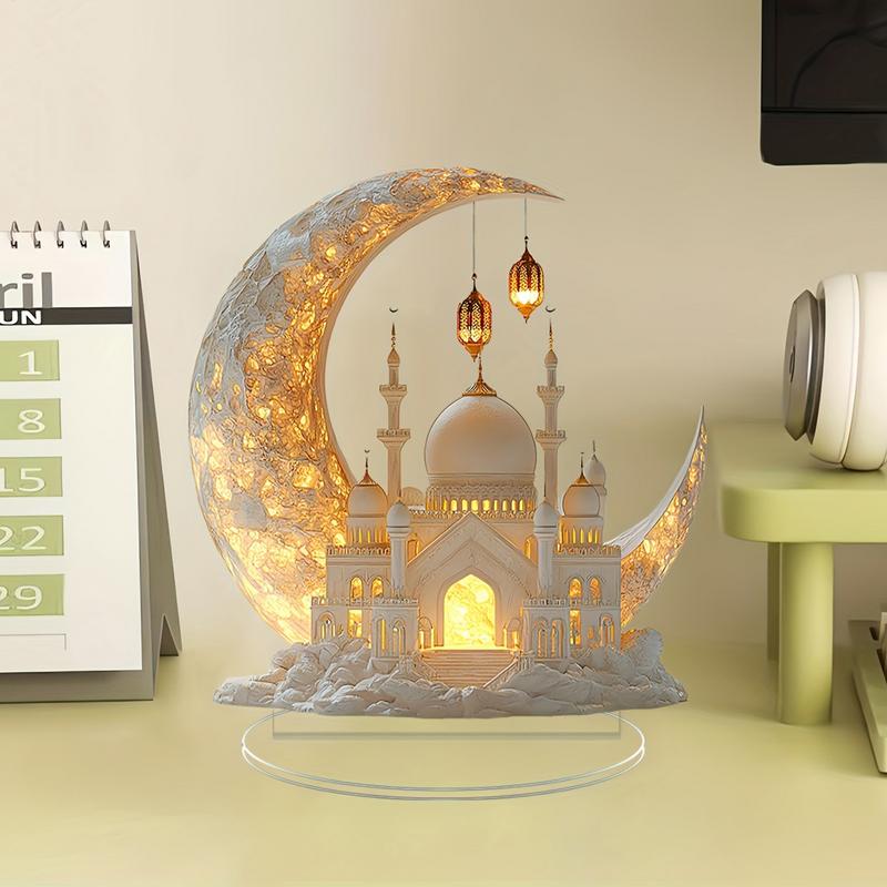 Eid Table Sign Home Decor Sign Ornament 2D Acrylic Tiered Tray Decoration Decorative Crescent Castle Ornament for Home Table