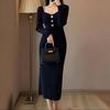 Women's Mid-Length Slim French Retro Knit Square Collar Sweater Dress for Autumn/Winter