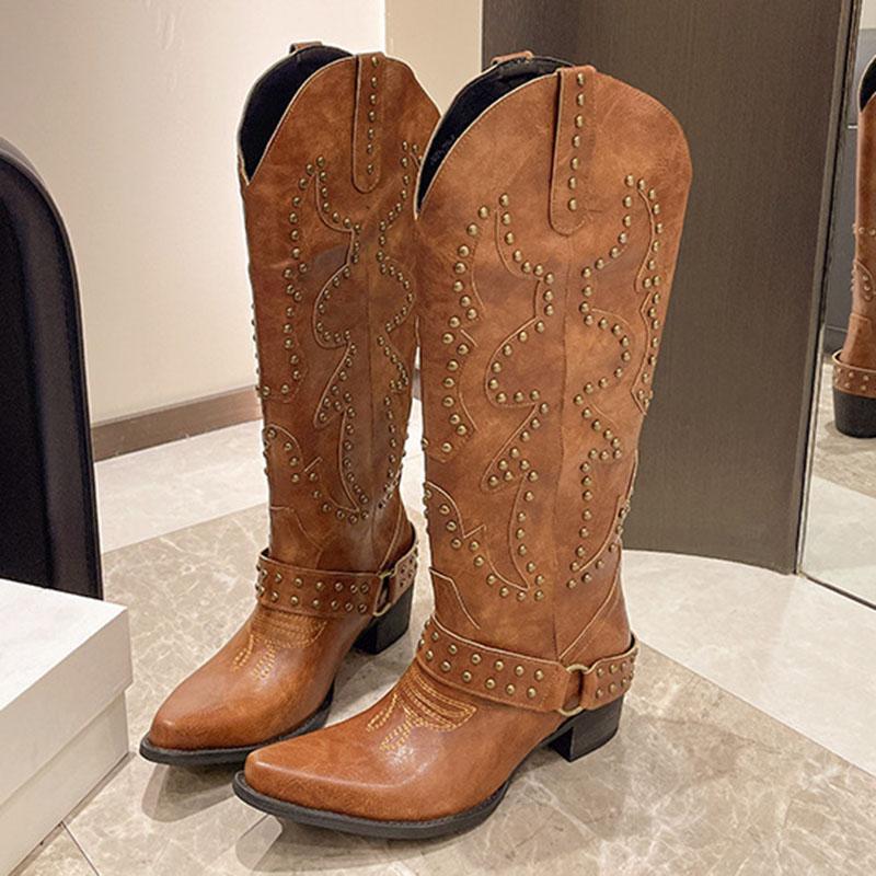 Comemore New Rivet Embroidery Cowboy Western Boots for Women Punk Slip-on Chunky Heels Women's Shoes Vintage Belt Buckle Botas
