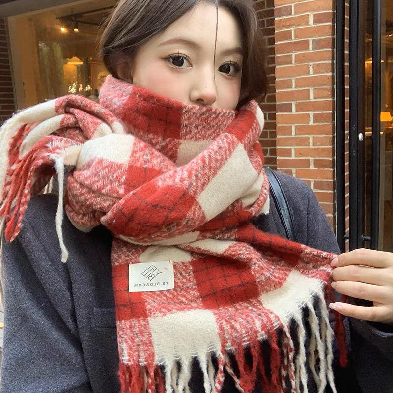

Рождественский шарф женский зимний сеньорский красный клетчатый шарф из искусственного кашемира атмосфера студенческий теплый платок-шаль 65-200cm