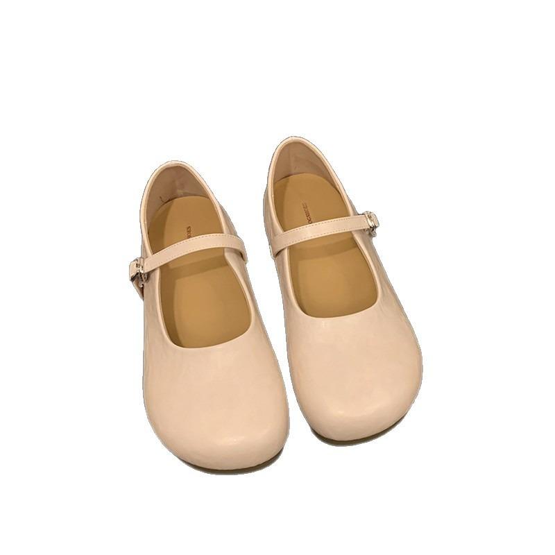 Round head pleated one-word buckle with shallow mouth single shoes women's spring and autumn new fashion versatile Mary Jane shoes