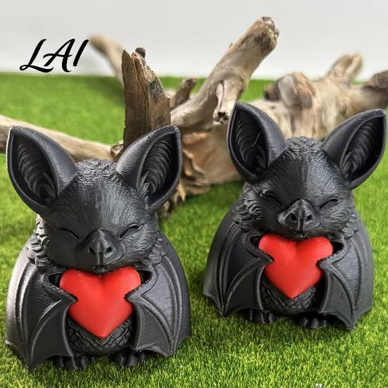 Bat Decoration Cute Red Heart 3D Printed Halloween Novelty Tabletop Sculpture for Spooky Desktop Ornament Party Haunted House Holiday Decor
