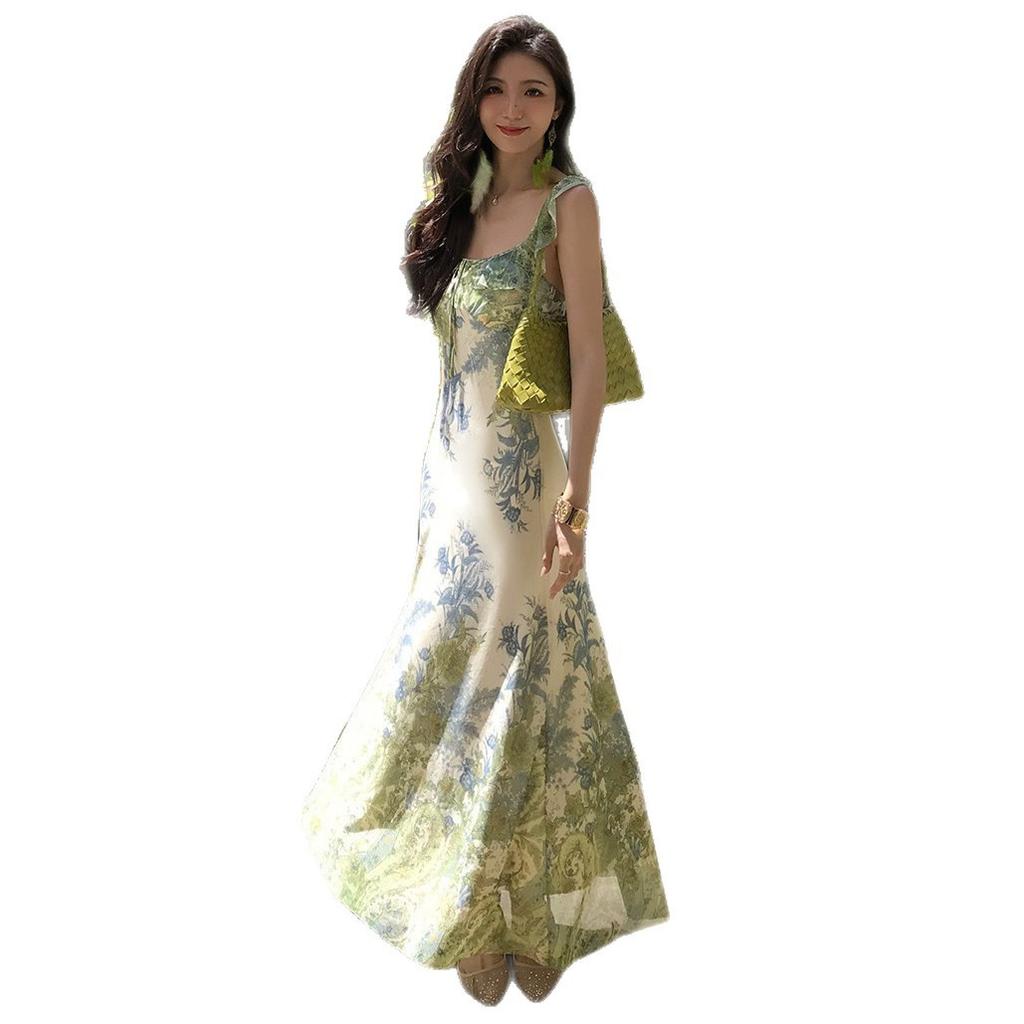 French Fresh Floral Suspender Fishtail Dress Summer Halter Ruffle Edge Waist Thin Seaside Vacation Dress