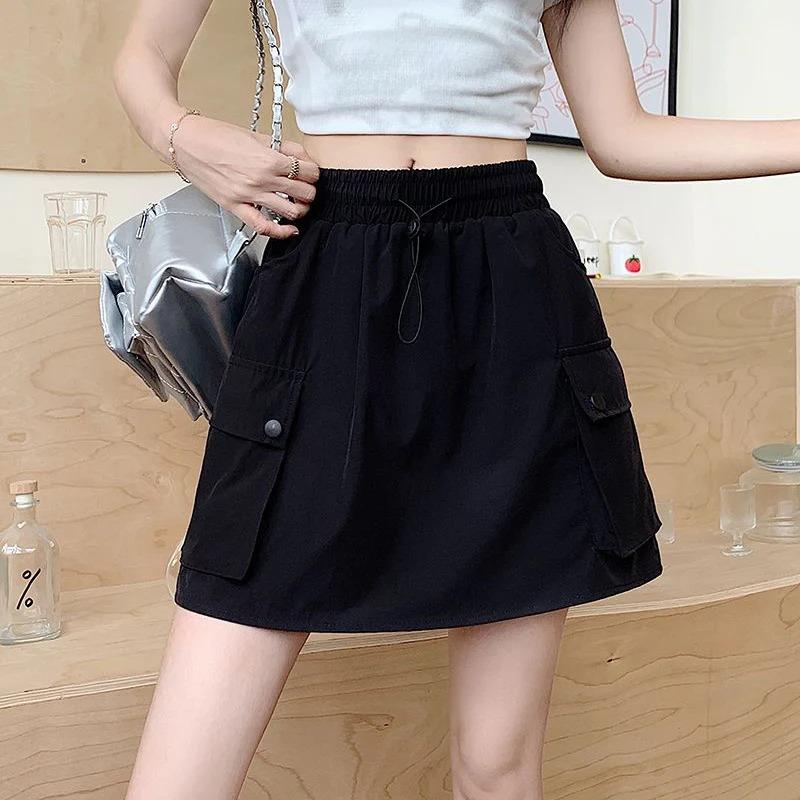Summer Ins Korean Cargo Short Skirts Women Quick Drying Dress Girls Drawstring High Waist Thin Skirt