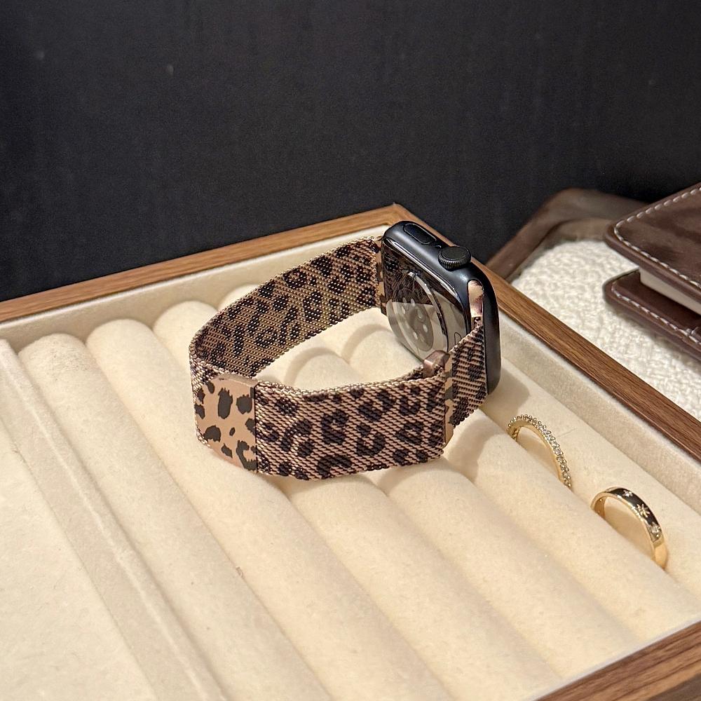 Milanese Loop strap For Apple watch band 46mm 45mm 44mm 40mm 41mm Leopard Print Magnetic bracelet for iWatch Series 11/10/9 8 7 6 SE3/Ultra 2 3 4 49mm