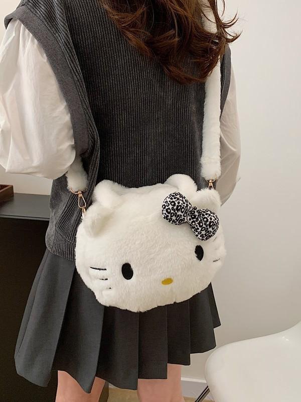 Borsa a tracolla rotonda in peluche Hello Kitty a cartoni animati con cerniera per bambine