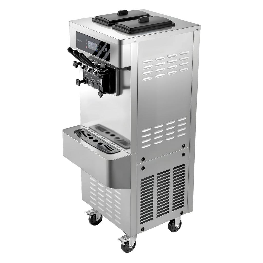Commercial Ice Cream Machine, 20-28L/H Yield, 2200W 3-Flavor Freestanding Soft Serve Ice Cream Maker with 2 X 6L Hoppers & Built-In Puffing Pump,