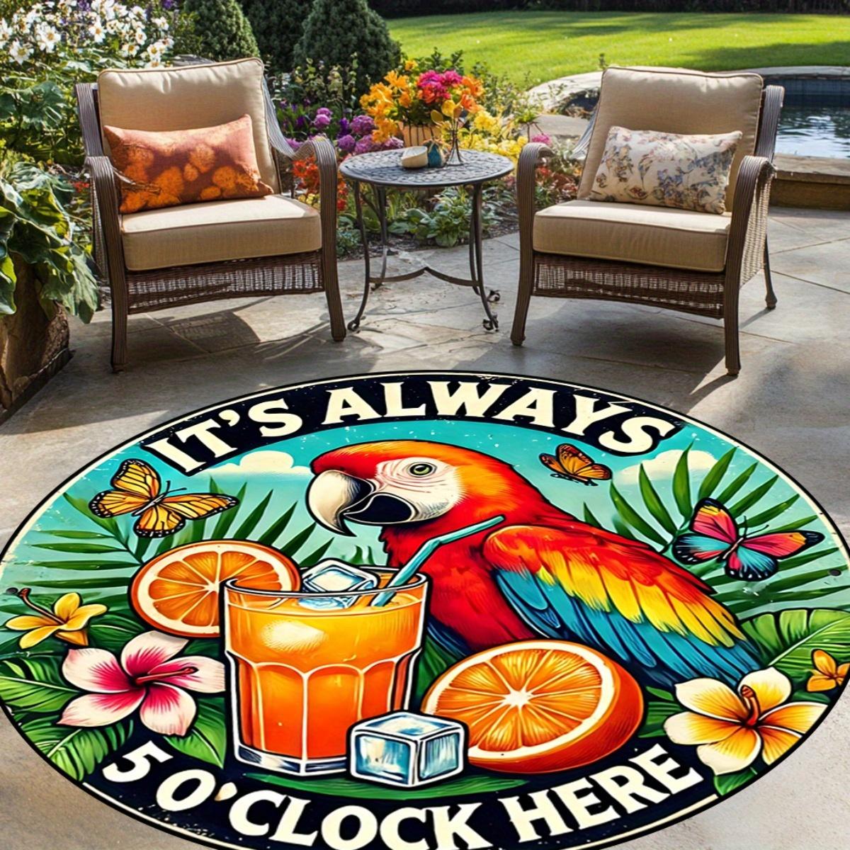 

Tropical Parrot Cocktail Garden Rug 5 O Clock Here Outdoor Patio Mat Printed Flannel Material Summer Decor Beach Vibes Pool Side 60CM(23.6inch)