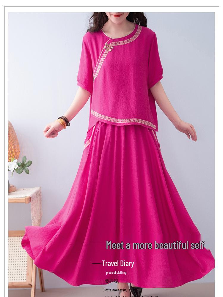 Fashionable Ethnic Midi Skirt Two-Piece Set for Women (2025 Summer)