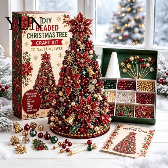 Creative Hobby Kits for Adults DIY Christmas Tree Beading Kit Beginners, Handmade 3D Ornament with Full Beaded Figurine Making Set Tools And