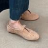 Frosted Leather Shallow Mouth Small Single Shoes Women's Retro Rivet Round Head Mary Jane Shoes Flat Comfortable Grandma Shoes