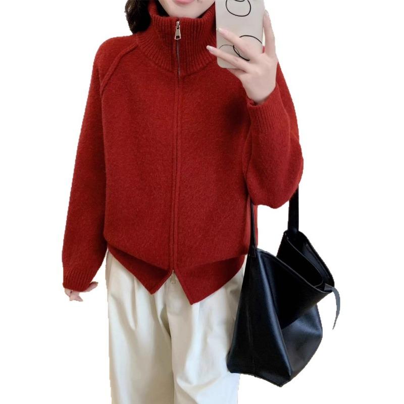 Autumn and Winter New Casual Simple Zipper Stand-up Neck Knitted Cardigan Women's Clothing Loose and Thin Versatile Sweater Jacket