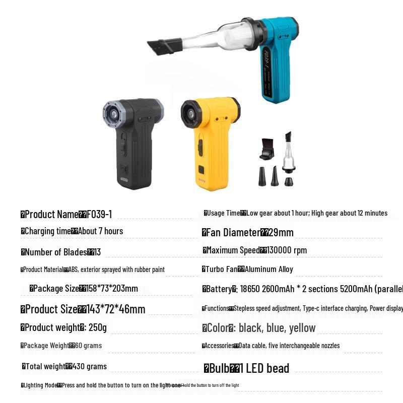 Portable Turbo Handheld Flood Light with Strong Magnetic Adsorption and Stepless Speed Regulation for Snow and Ash Blowing.