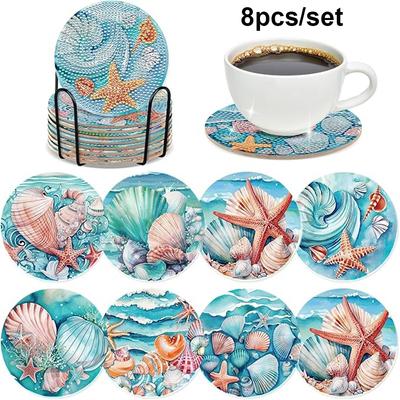 8 Pieces/set of Diamond Painted Ocean Patterned Coasters, DIY Coasters with Holder, Suitable for Beginners and Adults, Art and Craft Supplies Gifts