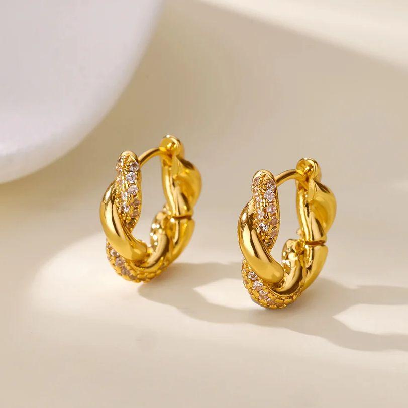 Cubic Zirconia Twisted Earrings for Women Gold Stainless Steel Earrings Party Piercing Fashion Wedding Waterproof Jewelry