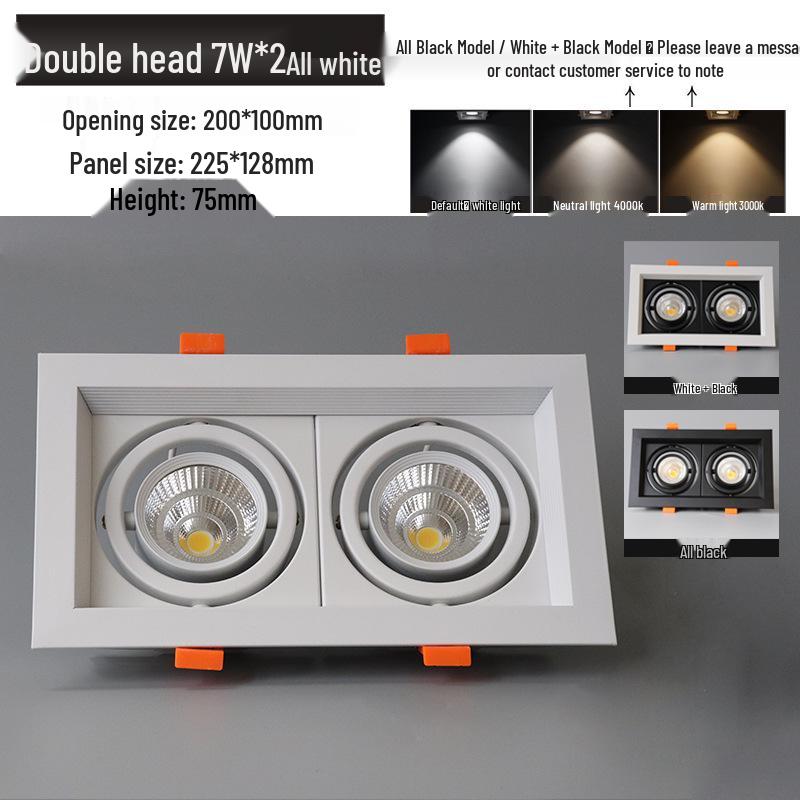 LED Double Head Spotlight: Embedded Grille, Single or Triple Head, Square Cylinder Design - Ideal for Living Room or Commercial Spaces.