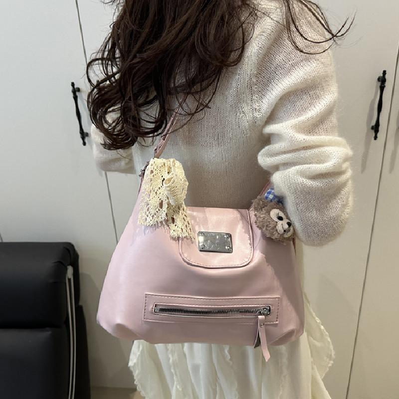 Fashion Solid Color Design Women Casual Tote Bag With Plush Pendant For Casual Outings