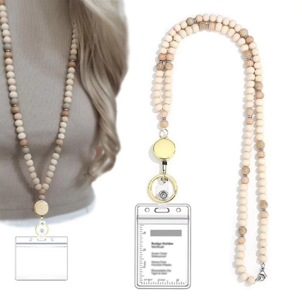 Stainless Steel Clasp Wood Beaded Lanyard Retractable Boho Keychain Necklace  Cruise Ship