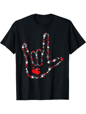 I Love You Sign Language Heart Graphic Tee Casual Cotton Round Neck T-Shirt for Men Women