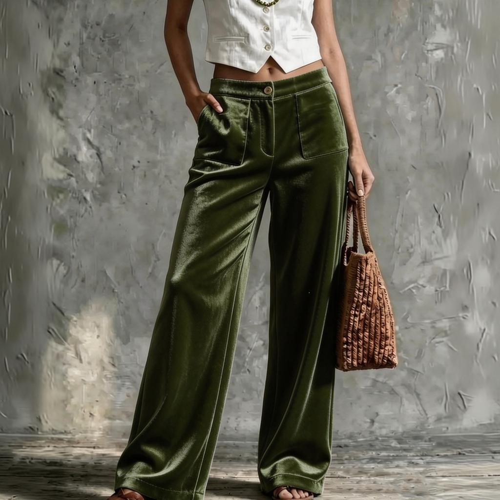 Women's Velvet High Waist Straight Leg Casual Pants with Pockets, Loose Fit Color