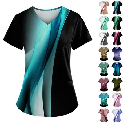 Plus rozmiar drukowane szorowanie jednolite topy robocze dla kobiet z dekoltem w serek z krótkim rękawem zabawne t-shirty odzież robocza Tee z kieszeniami