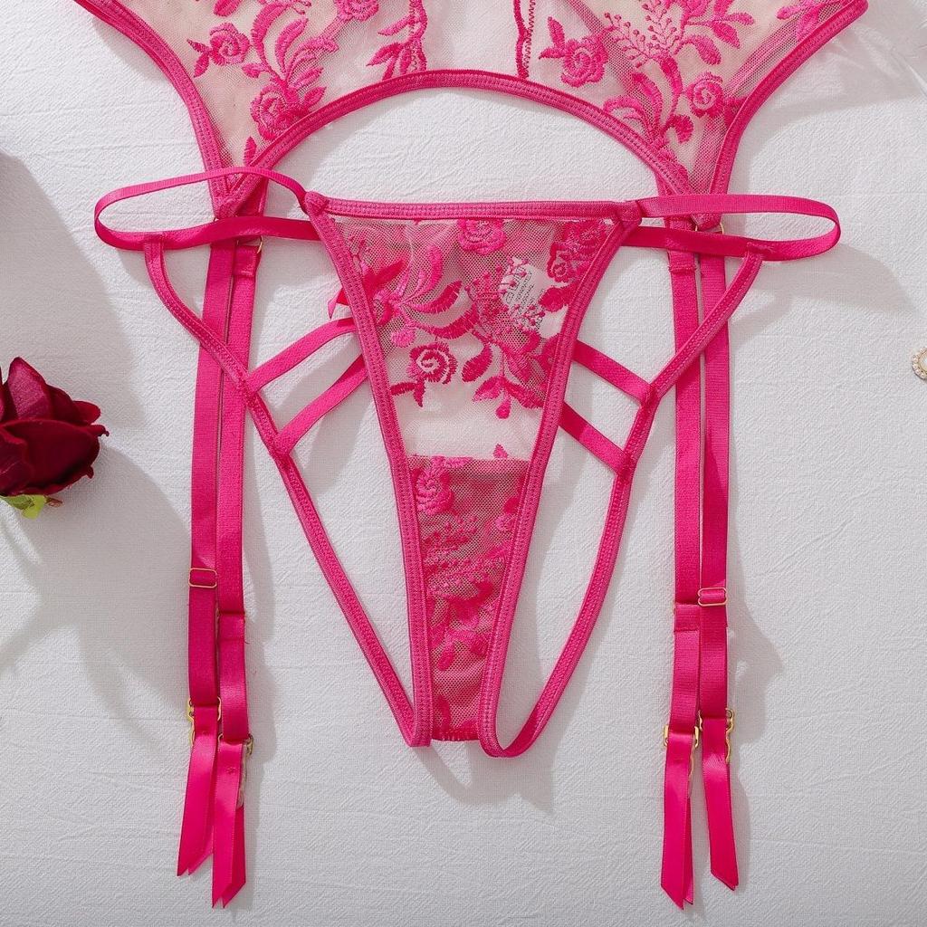 Women's Sexy Rose Embroidery Shapewear Set Ultra-Sheer Mesh Push-Up Lingerie Set