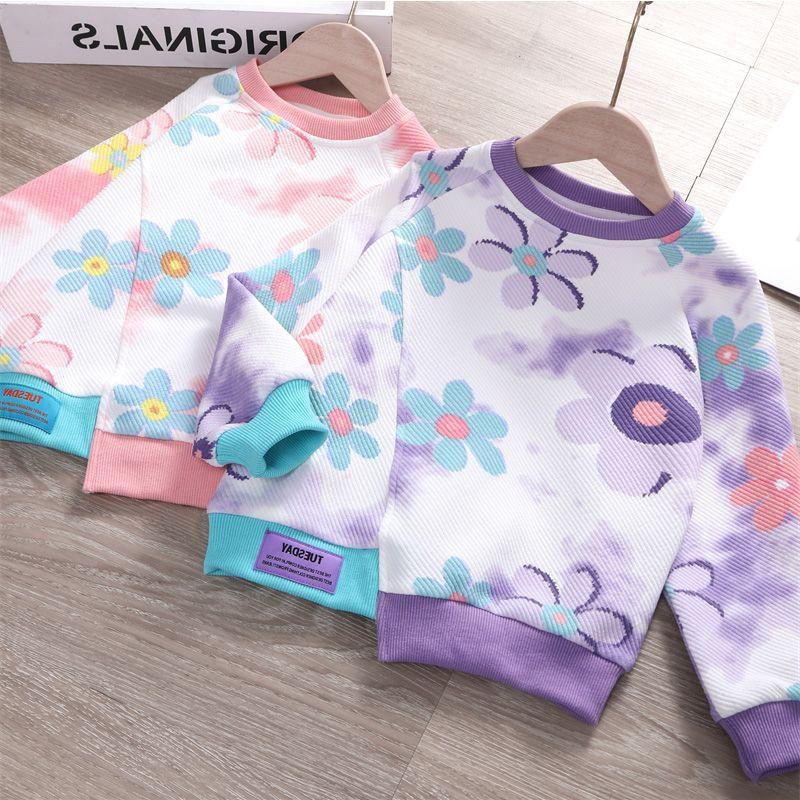 Girls Gradient Floral Print Long Sleeve Sweatshirt Casual Loose Round Neck Top For Spring Autumn