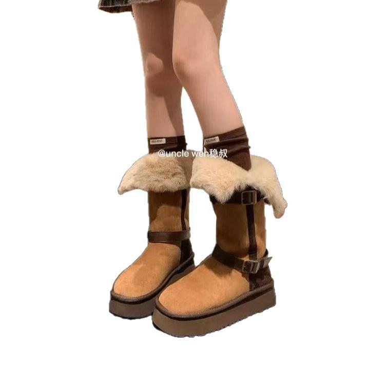 Snow Train~ Flap platform wool snow boots women's velvet winter long boots cotton shoes