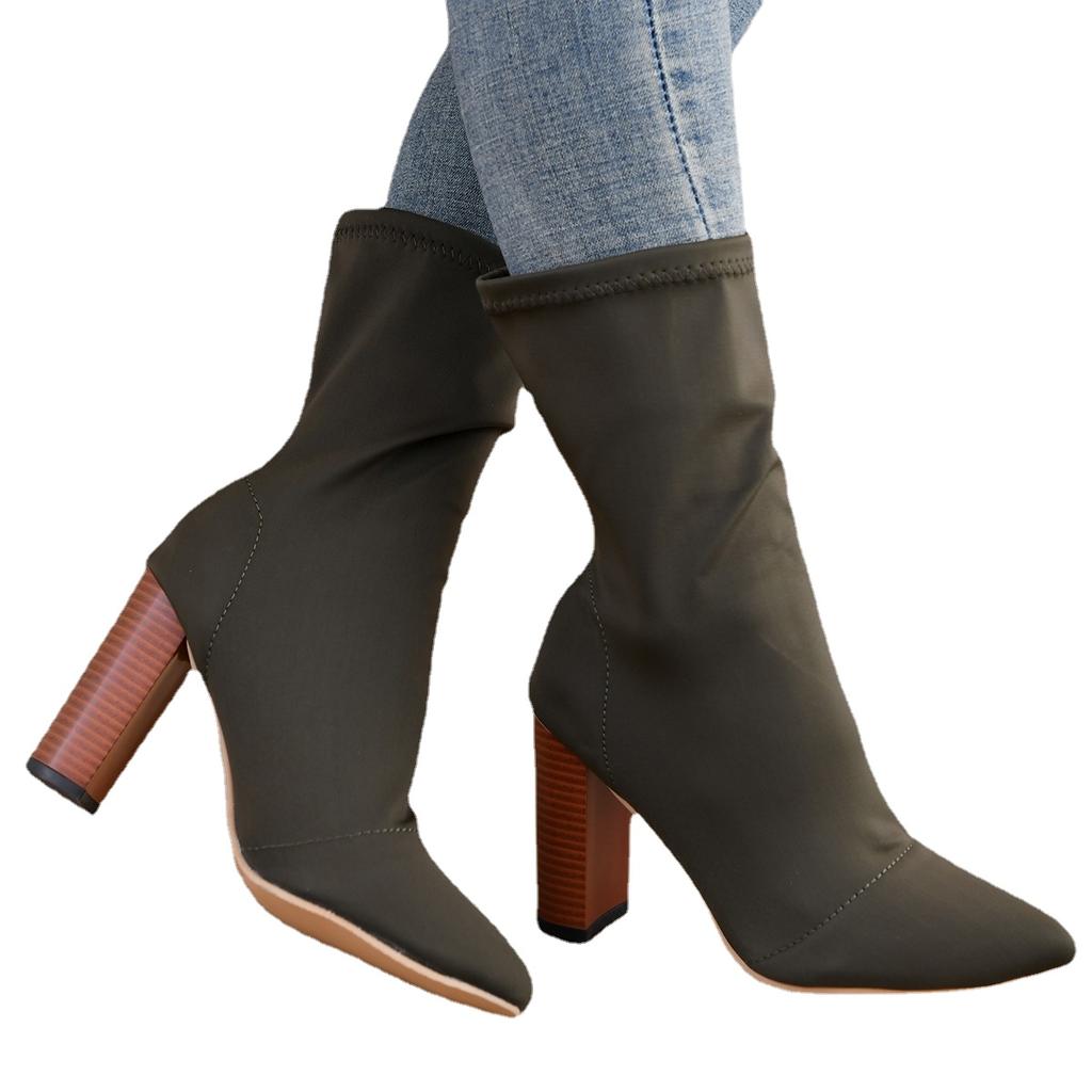 Ladies Shoes 2024 Fashion Women's Boots Square Heel Mid-Calf Ankle Boots for Women Pointed Toe Stretch Sock Boots Bota Feminina