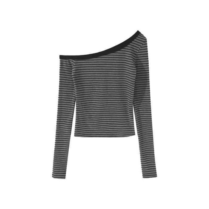 

Spice Girl Striped Slant Shoulder Long Sleeve T-Shirt Women s Spring and Autumn New Slim Off-Shoulder Bottom Student Top Tide S