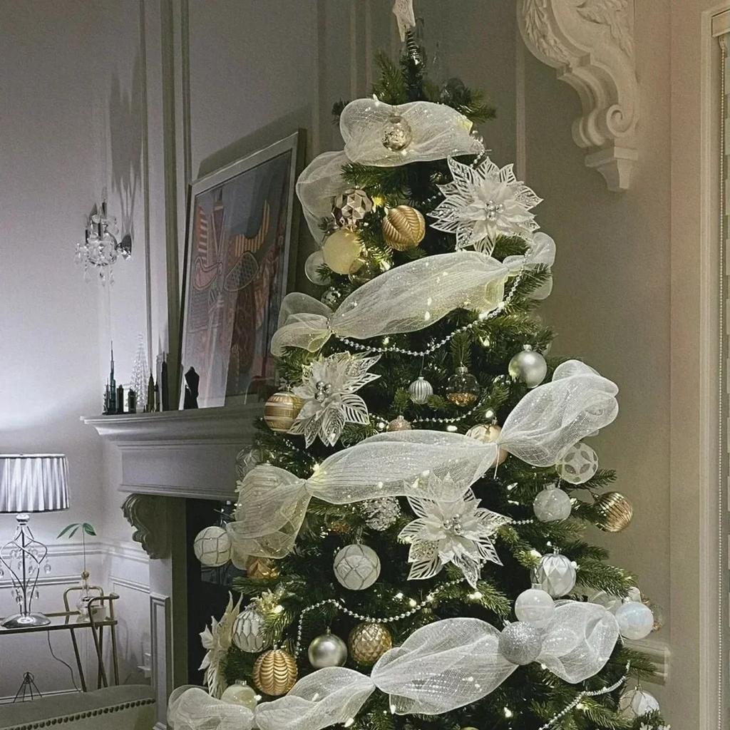 10Yards 26CM Christmas Tree Gauze Mesh Tulle Roll Gold Silver Christmas Bow Mesh DIY Xmas Tree Ribbon Decoration Gift Wrapping